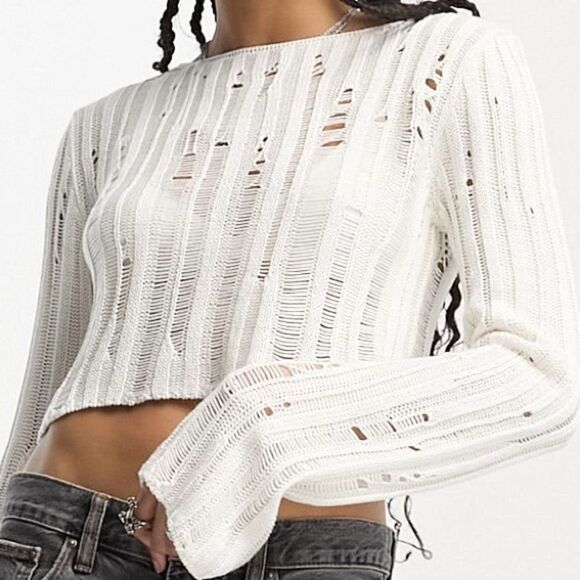ASOS Teclaimed Vintage crop sweater in sheer ladder stitch white 10 NWT in pkg - Picture 4 of 7